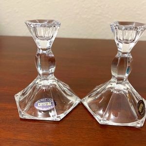 CRYSTAL CANDLEHOLDERS TWO NWT HEXAGON   24% FULL LEAD U.S.A. 4" TALL